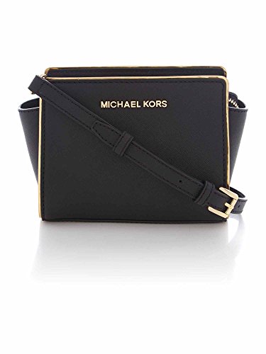 Michael Kors Selma Mini Specchio Black Gold Saffiano Leather Messenger  Crossbody Satchel Purse